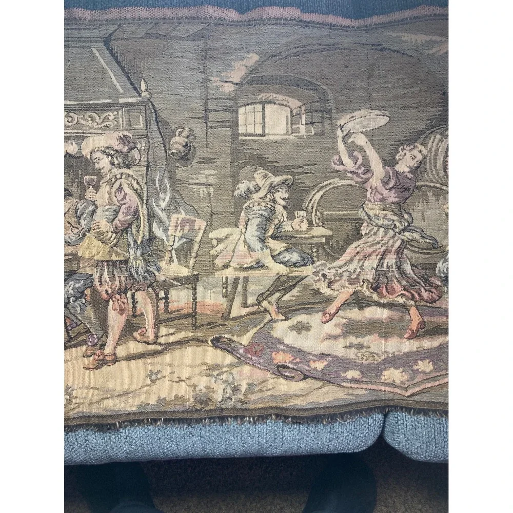 Vtg Woven Tapestry Table Runner Figural Tavern Dance French Belgian‎ Style 36